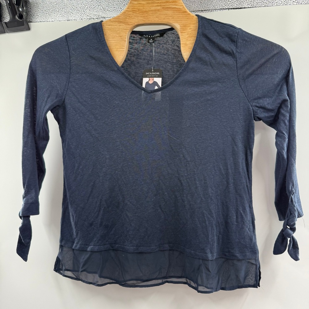Zac & Rachel Womens Blouse Top Tie Sleeve V-Neck Layered‎ Hem Casual Blue M